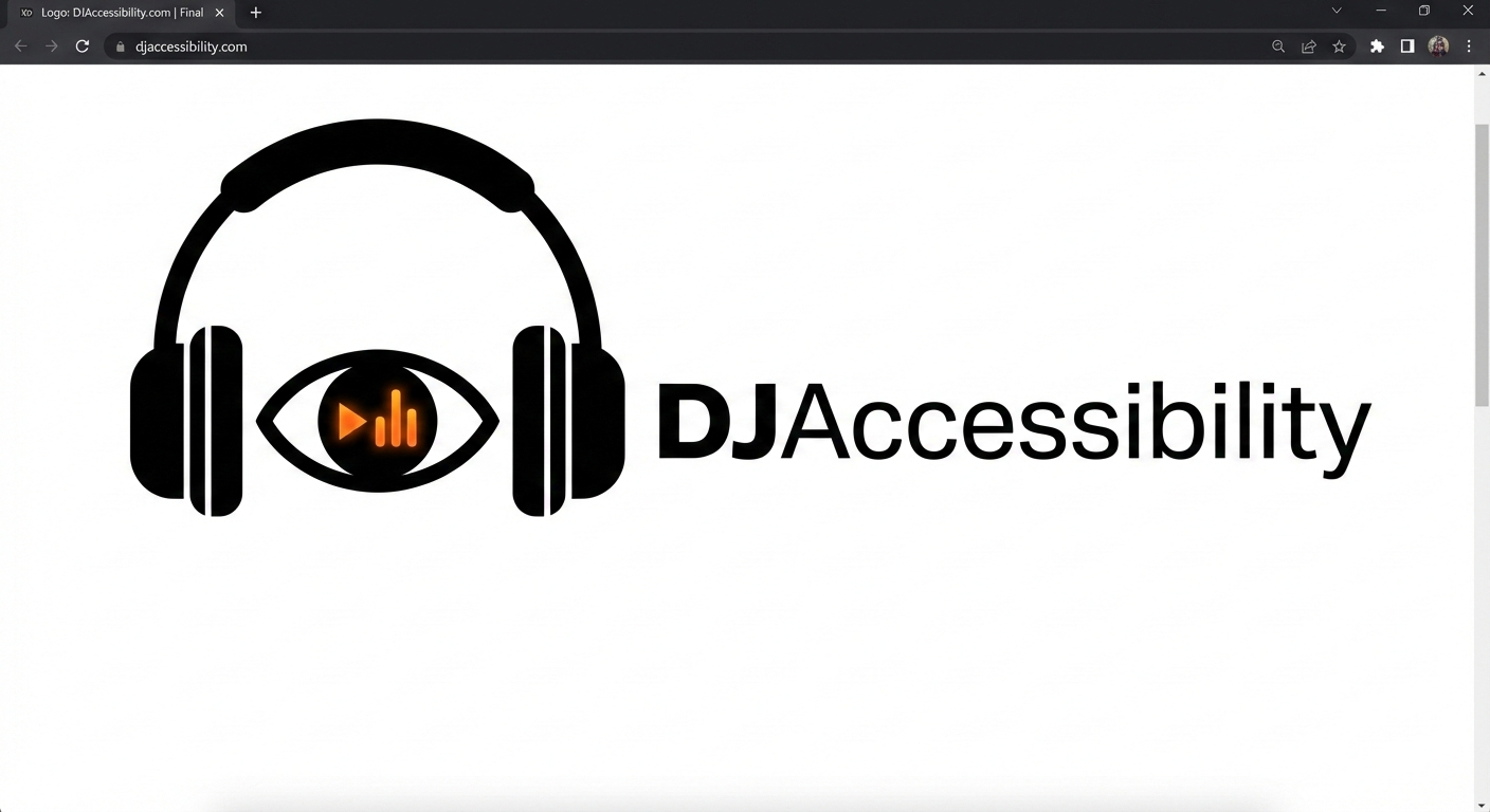 Logo DJ Accessibility. Unos audífonos de DJ con un ojo en medio de ellos.